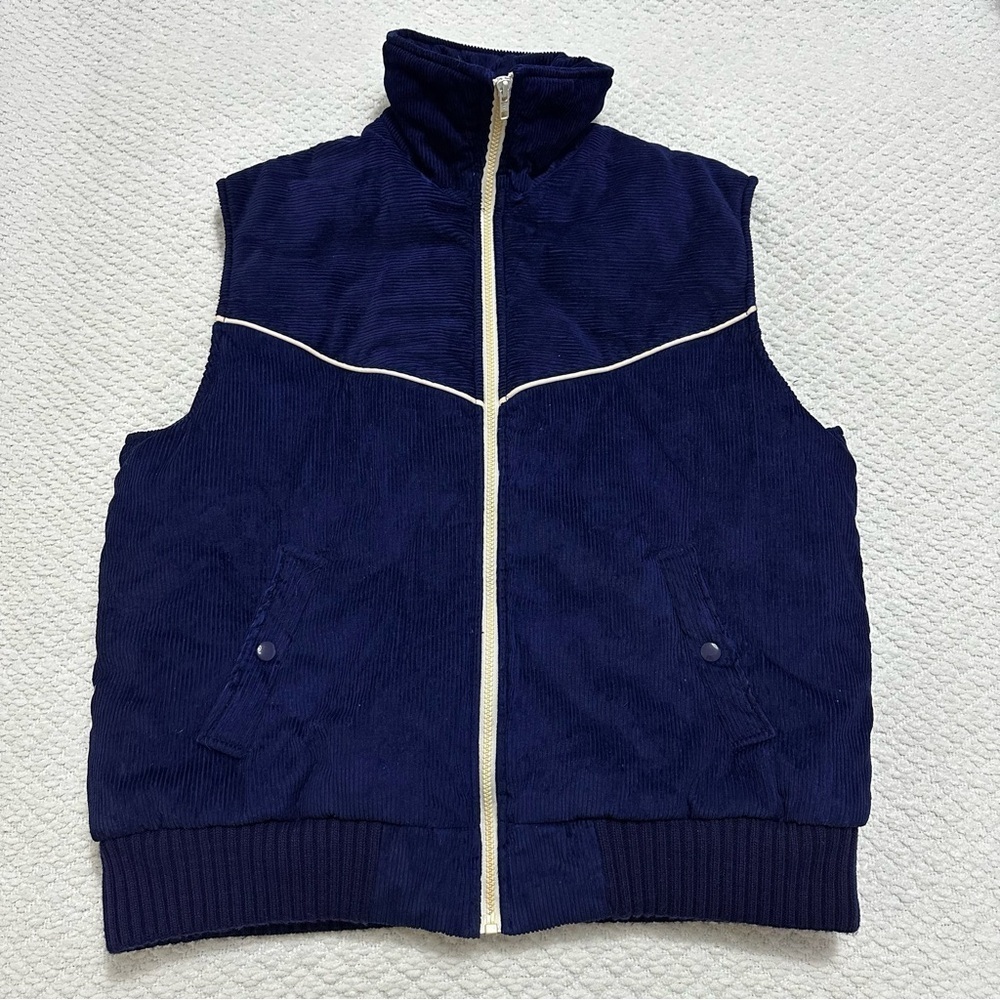 Vintage Corduroy Puffer Vest Full Zip Pockets Blue Retro 80s Lined Men’s Size L